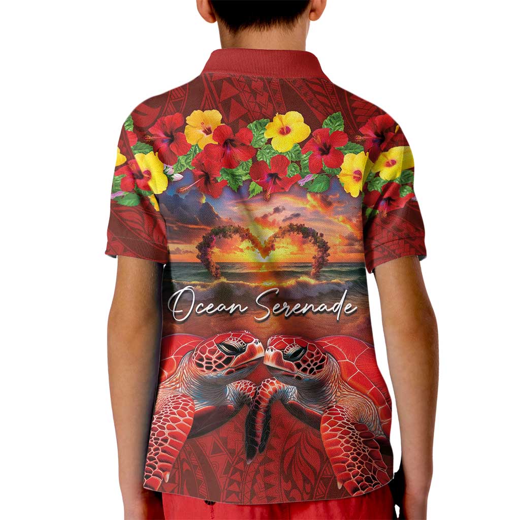 Hawaiian Turtle Love Couple Kid Polo Shirt Ocean Serenade - Honu Honi Ihu with Hibiscus and Romantic Sunset Red Color