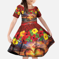 Hawaiian Turtle Love Couple Kid Short Sleeve Dress Ocean Serenade - Honu Honi Ihu with Hibiscus and Romantic Sunset Red Color LT03 KID Red - Polynesian Pride