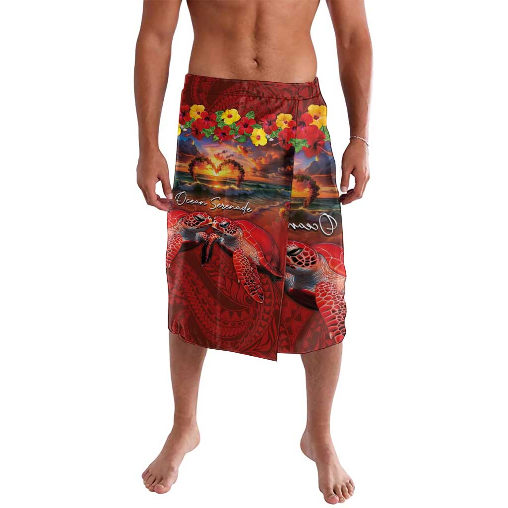 Hawaiian Turtle Love Couple Lavalava Ocean Serenade - Honu Honi Ihu with Hibiscus and Romantic Sunset Red Color