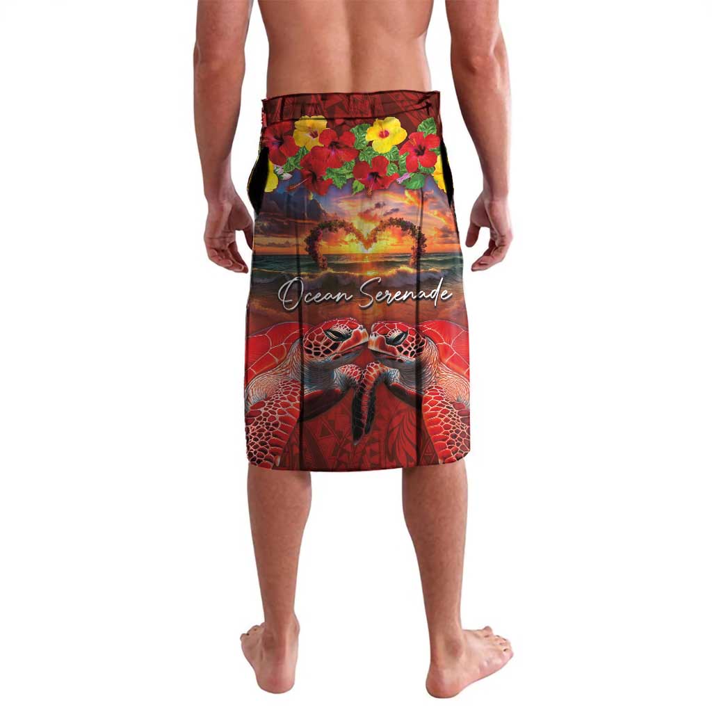 Hawaiian Turtle Love Couple Lavalava Ocean Serenade - Honu Honi Ihu with Hibiscus and Romantic Sunset Red Color