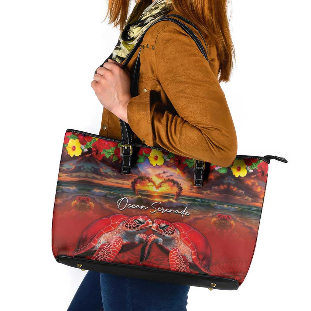 Hawaiian Turtle Love Couple Leather Tote Bag Ocean Serenade - Honu Honi Ihu with Hibiscus and Romantic Sunset Red Color