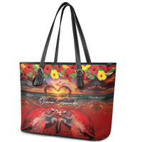 Hawaiian Turtle Love Couple Leather Tote Bag Ocean Serenade - Honu Honi Ihu with Hibiscus and Romantic Sunset Red Color LT03 - Polynesian Pride