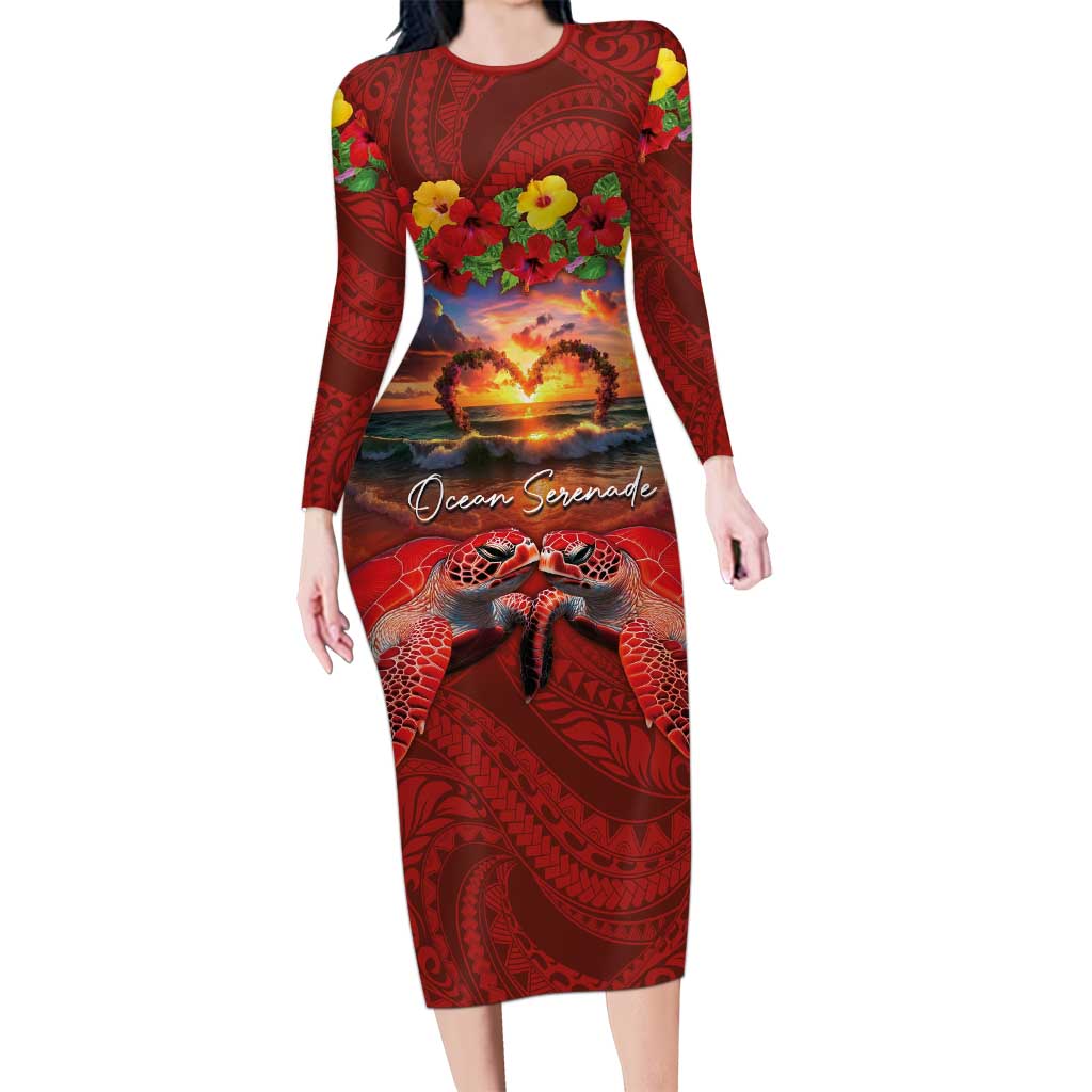 Hawaiian Turtle Love Couple Long Sleeve Bodycon Dress Ocean Serenade - Honu Honi Ihu with Hibiscus and Romantic Sunset Red Color