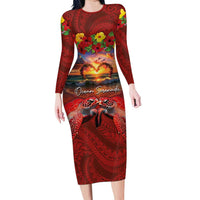 Hawaiian Turtle Love Couple Long Sleeve Bodycon Dress Ocean Serenade - Honu Honi Ihu with Hibiscus and Romantic Sunset Red Color LT03 Long Dress Red - Polynesian Pride