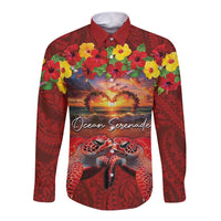 Hawaiian Turtle Love Couple Long Sleeve Button Shirt Ocean Serenade - Honu Honi Ihu with Hibiscus and Romantic Sunset Red Color