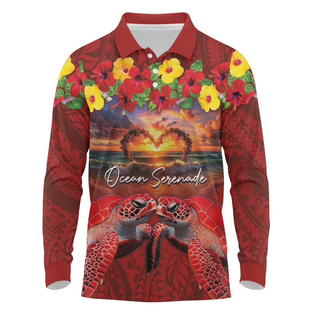 Hawaiian Turtle Love Couple Long Sleeve Polo Shirt Ocean Serenade - Honu Honi Ihu with Hibiscus and Romantic Sunset Red Color