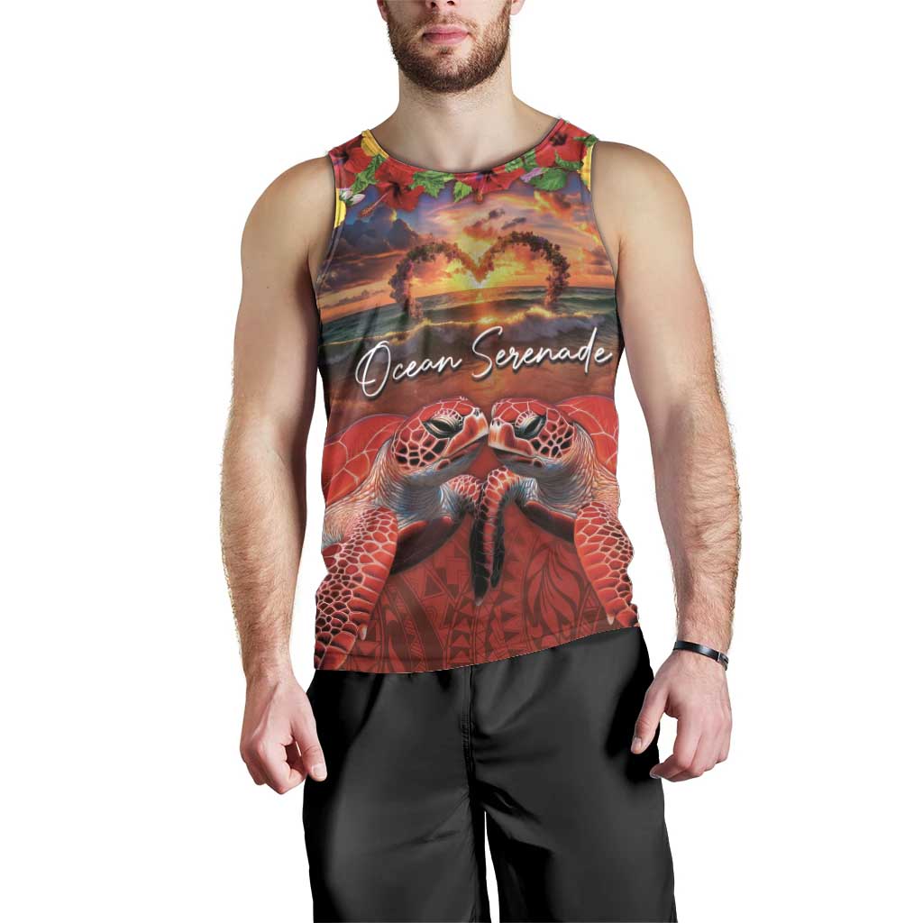 Hawaiian Turtle Love Couple Men Tank Top Ocean Serenade - Honu Honi Ihu with Hibiscus and Romantic Sunset Red Color LT03 - Polynesian Pride