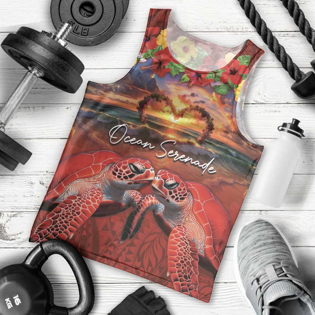 Hawaiian Turtle Love Couple Men Tank Top Ocean Serenade - Honu Honi Ihu with Hibiscus and Romantic Sunset Red Color LT03 - Polynesian Pride