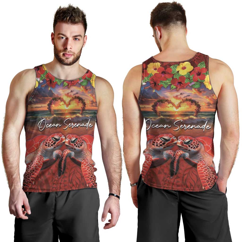 Hawaiian Turtle Love Couple Men Tank Top Ocean Serenade - Honu Honi Ihu with Hibiscus and Romantic Sunset Red Color LT03 - Polynesian Pride