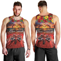 Hawaiian Turtle Love Couple Men Tank Top Ocean Serenade - Honu Honi Ihu with Hibiscus and Romantic Sunset Red Color LT03 - Polynesian Pride