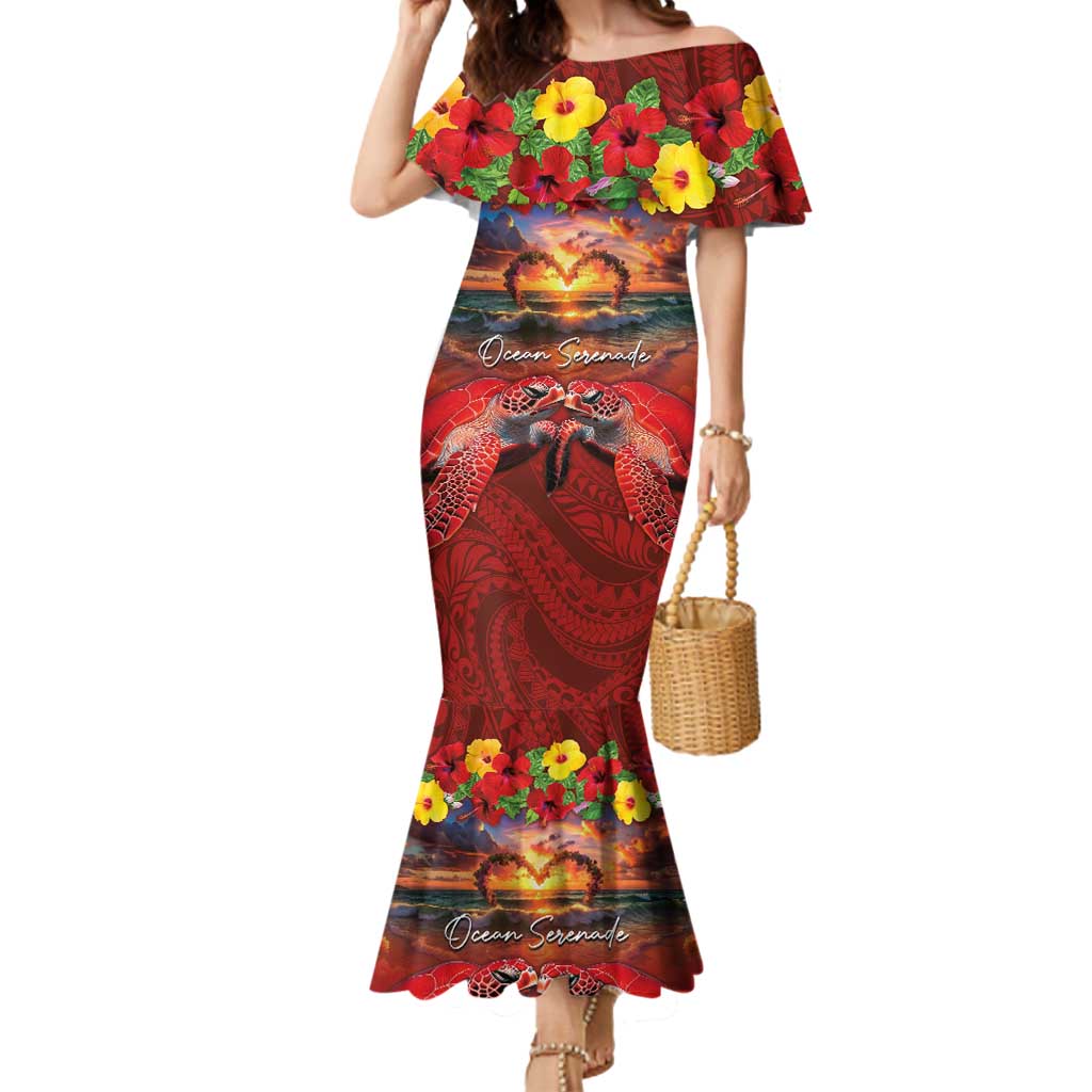 Hawaiian Turtle Love Couple Mermaid Dress Ocean Serenade - Honu Honi Ihu with Hibiscus and Romantic Sunset Red Color