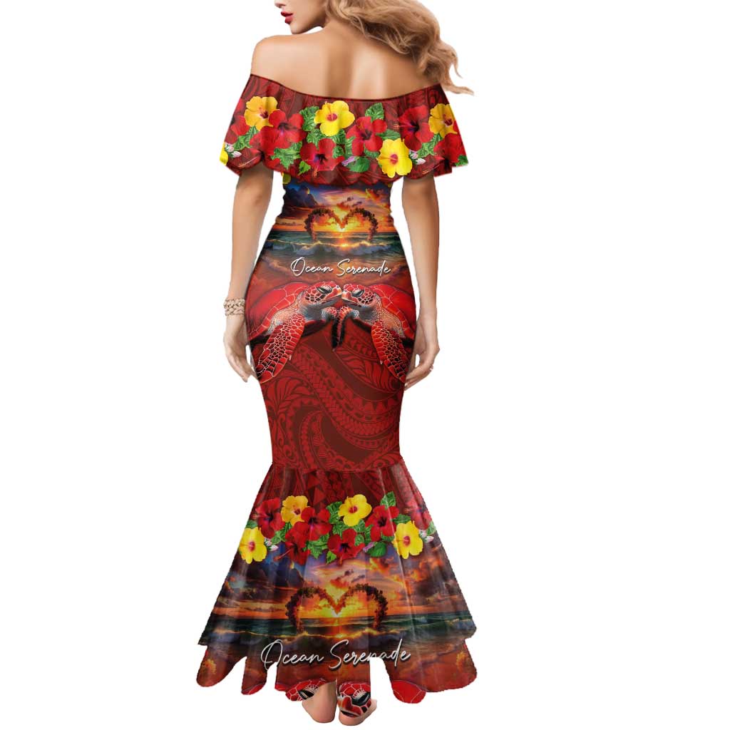 Hawaiian Turtle Love Couple Mermaid Dress Ocean Serenade - Honu Honi Ihu with Hibiscus and Romantic Sunset Red Color LT03 - Polynesian Pride