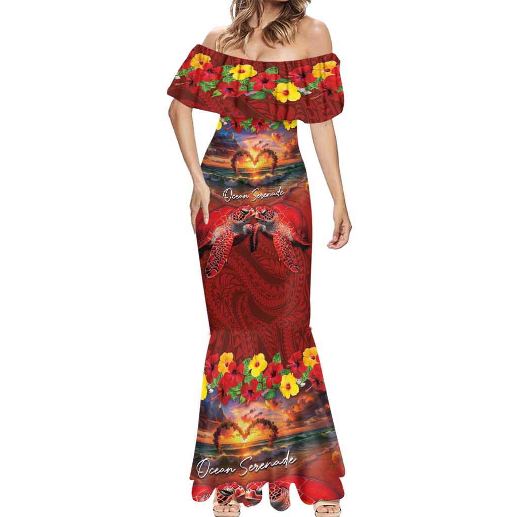 Hawaiian Turtle Love Couple Mermaid Dress Ocean Serenade - Honu Honi Ihu with Hibiscus and Romantic Sunset Red Color LT03 - Polynesian Pride
