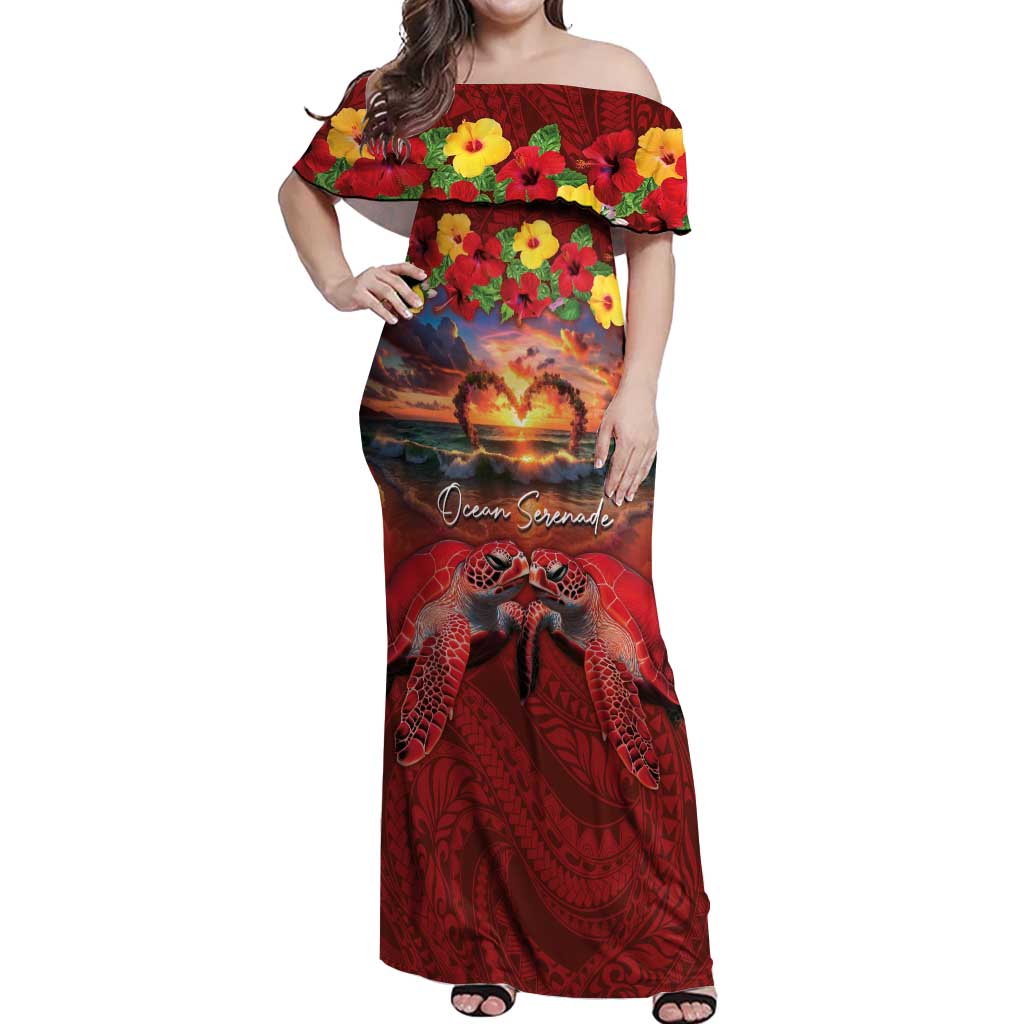 Hawaiian Turtle Love Couple Off Shoulder Maxi Dress Ocean Serenade - Honu Honi Ihu with Hibiscus and Romantic Sunset Red Color