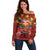 Hawaiian Turtle Love Couple Off Shoulder Sweater Ocean Serenade - Honu Honi Ihu with Hibiscus and Romantic Sunset Red Color