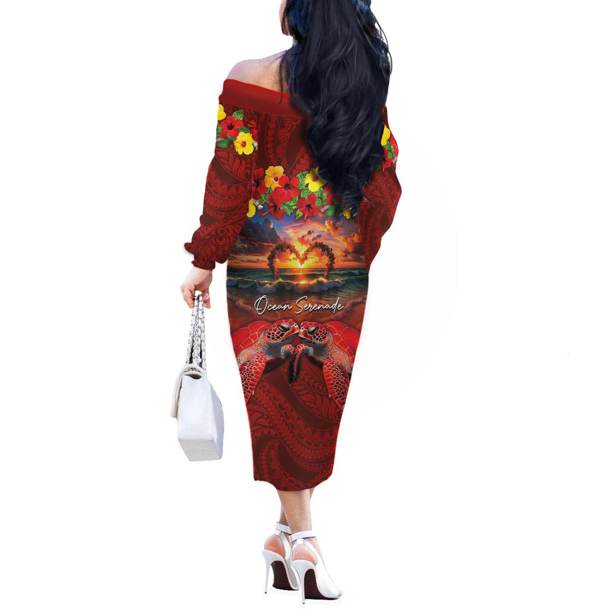 Hawaiian Turtle Love Couple Off The Shoulder Long Sleeve Dress Ocean Serenade - Honu Honi Ihu with Hibiscus and Romantic Sunset Red Color LT03 - Polynesian Pride