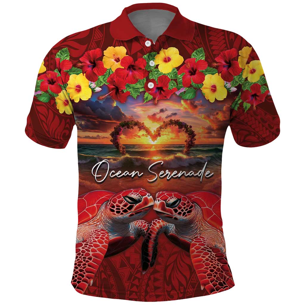 Hawaiian Turtle Love Couple Polo Shirt Ocean Serenade - Honu Honi Ihu with Hibiscus and Romantic Sunset Red Color