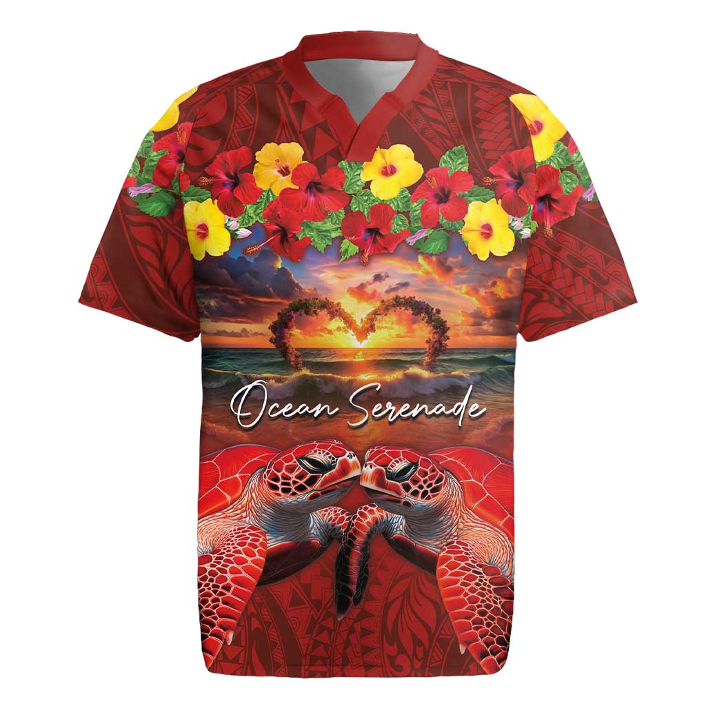 Hawaiian Turtle Love Couple Rugby Jersey Ocean Serenade - Honu Honi Ihu with Hibiscus and Romantic Sunset Red Color