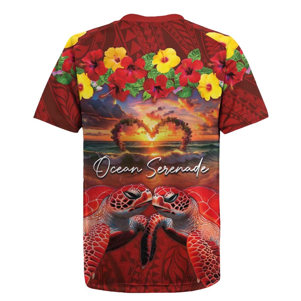 Hawaiian Turtle Love Couple Rugby Jersey Ocean Serenade - Honu Honi Ihu with Hibiscus and Romantic Sunset Red Color