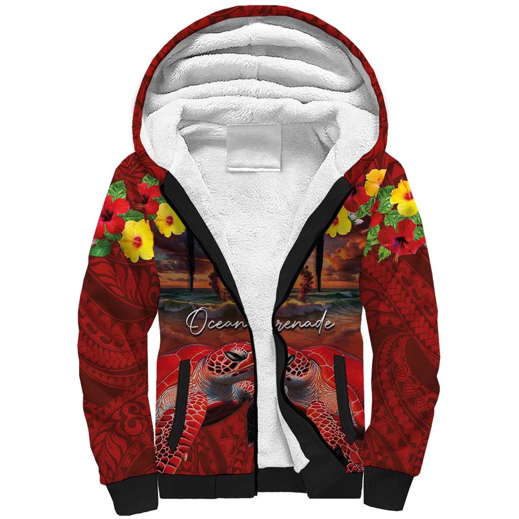 Hawaiian Turtle Love Couple Sherpa Hoodie Ocean Serenade - Honu Honi Ihu with Hibiscus and Romantic Sunset Red Color