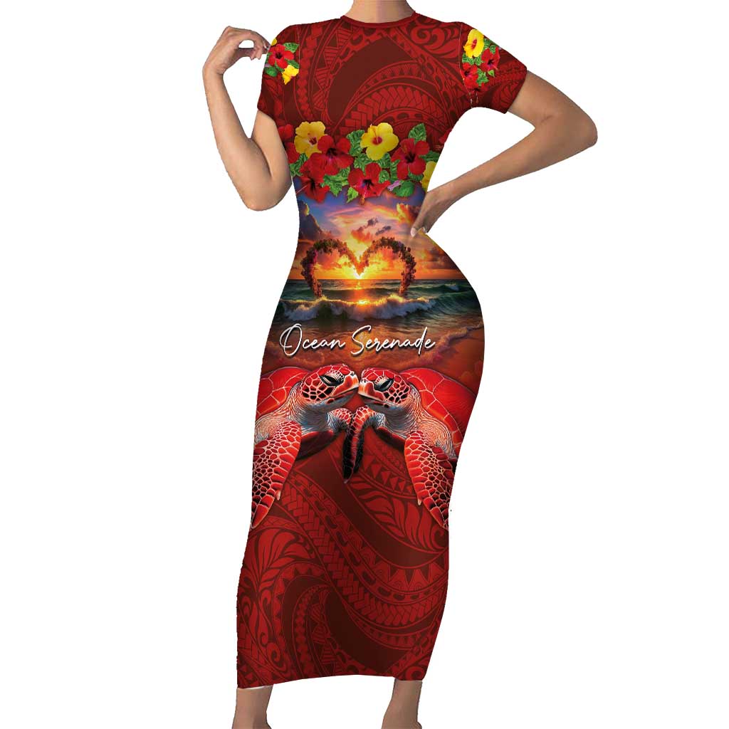 Hawaiian Turtle Love Couple Short Sleeve Bodycon Dress Ocean Serenade - Honu Honi Ihu with Hibiscus and Romantic Sunset Red Color LT03 Long Dress Red - Polynesian Pride