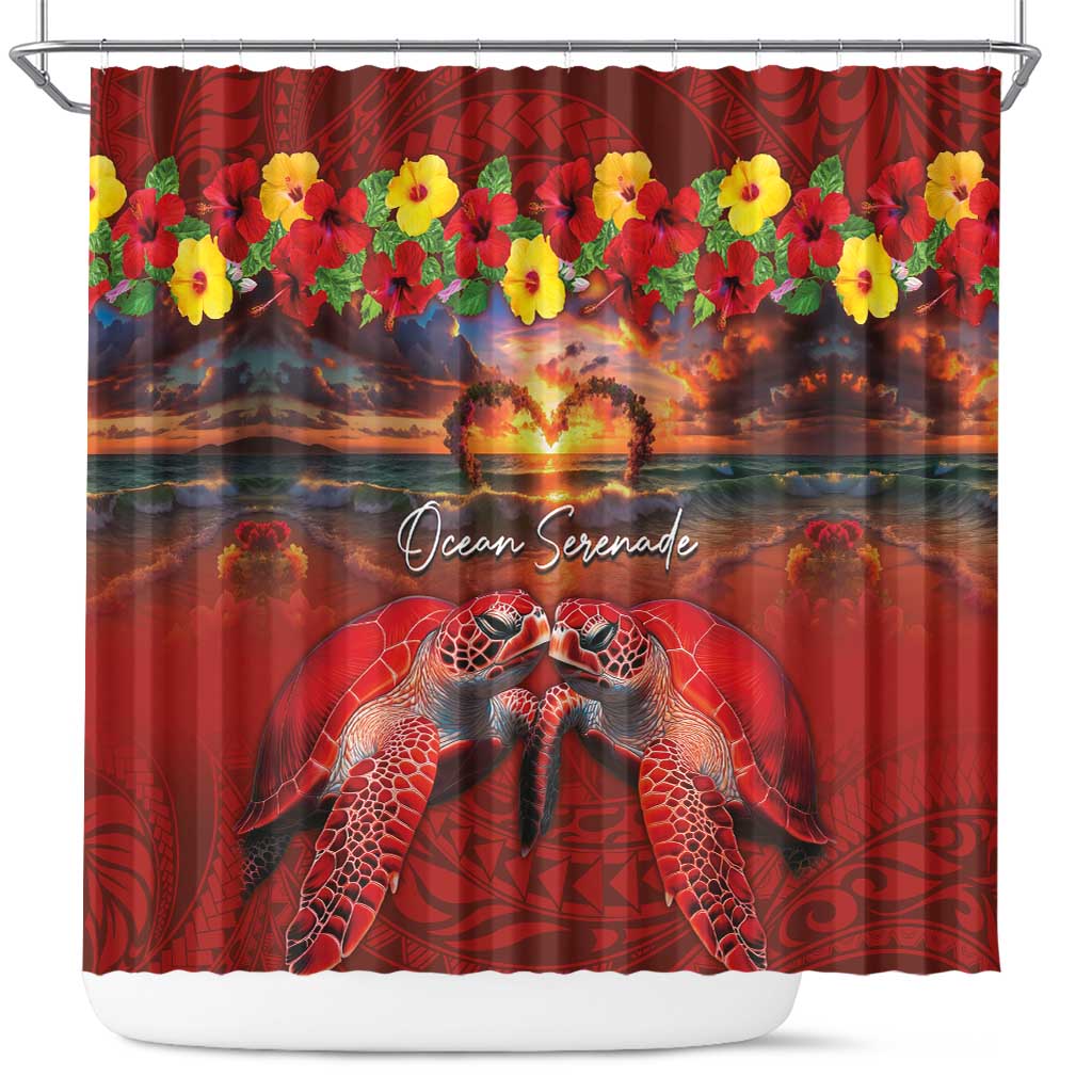 Hawaiian Turtle Love Couple Shower Curtain Ocean Serenade - Honu Honi Ihu with Hibiscus and Romantic Sunset Red Color LT03 Red - Polynesian Pride