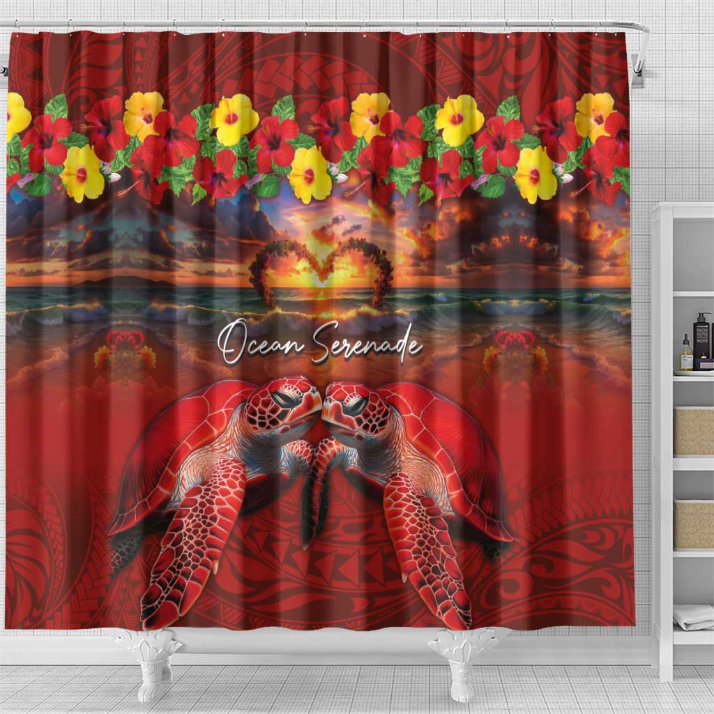 Hawaiian Turtle Love Couple Shower Curtain Ocean Serenade - Honu Honi Ihu with Hibiscus and Romantic Sunset Red Color LT03 - Polynesian Pride