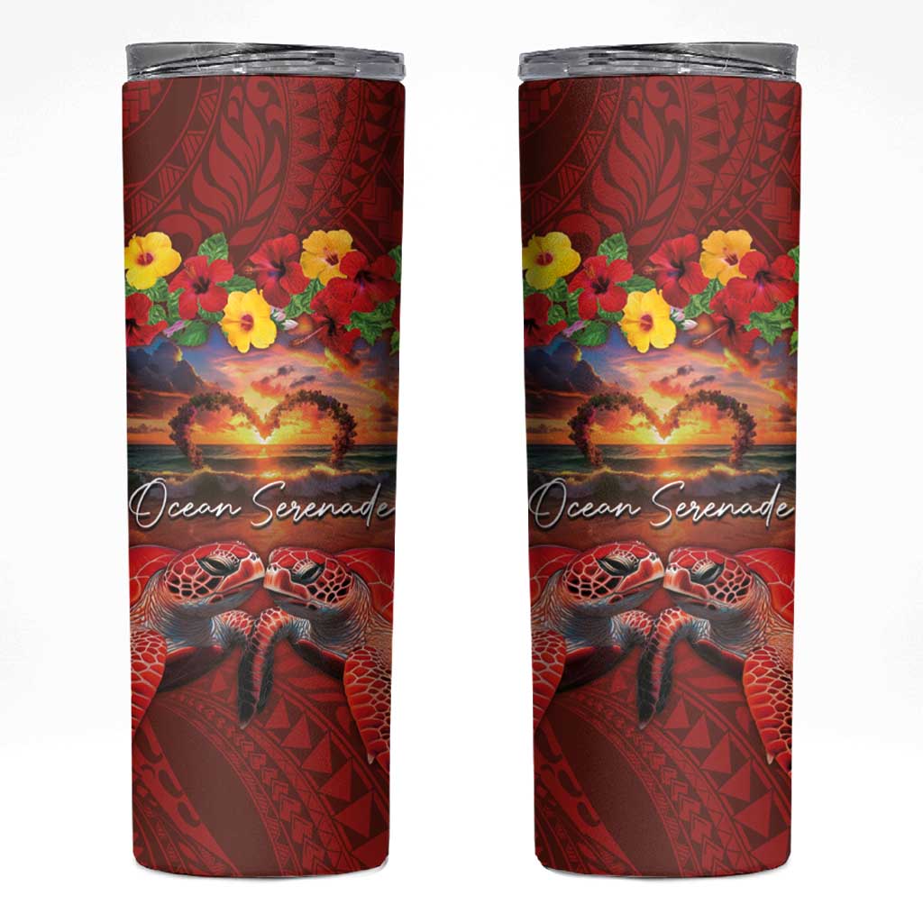 Hawaiian Turtle Love Couple Skinny Tumbler Ocean Serenade - Honu Honi Ihu with Hibiscus and Romantic Sunset Red Color