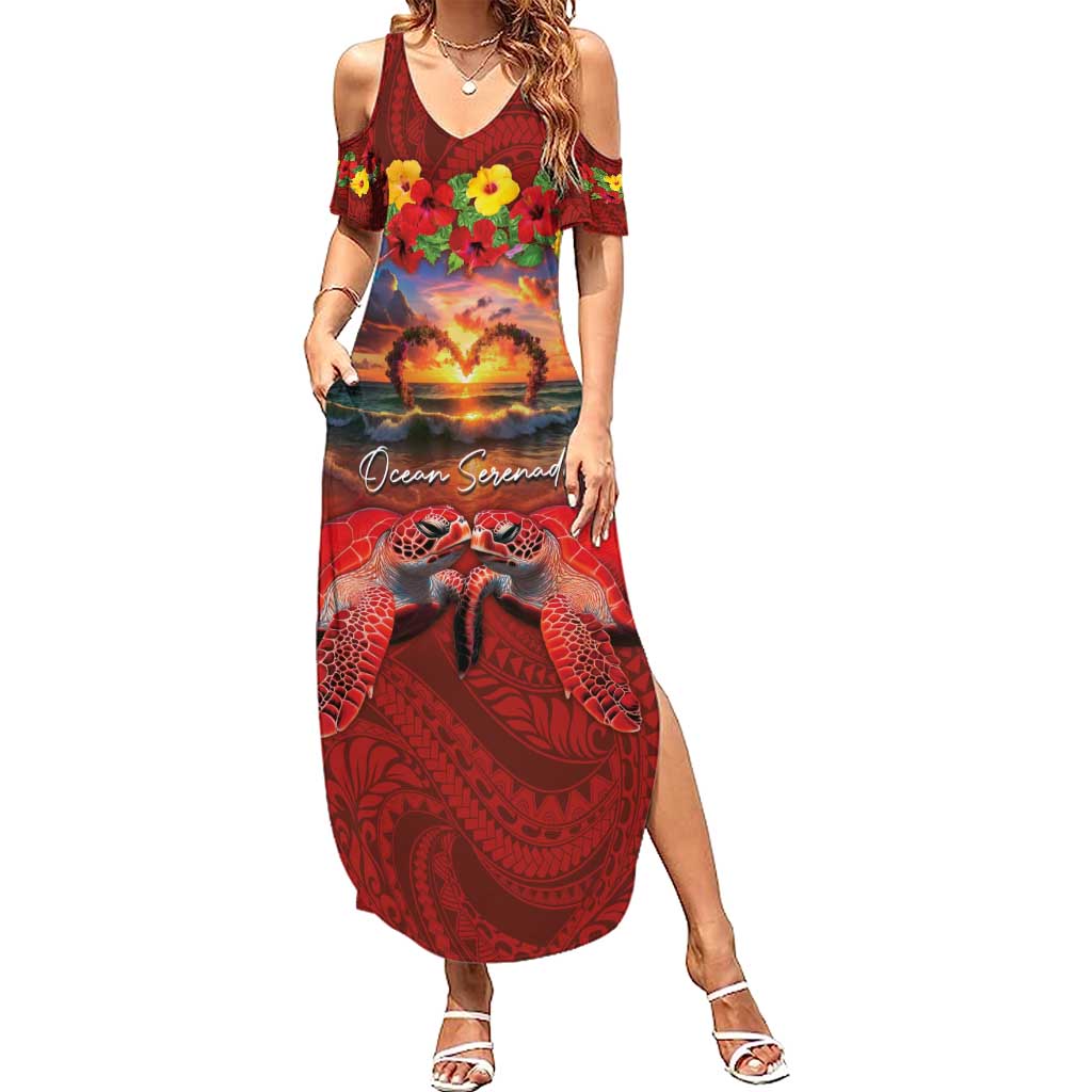 Hawaiian Turtle Love Couple Summer Maxi Dress Ocean Serenade - Honu Honi Ihu with Hibiscus and Romantic Sunset Red Color