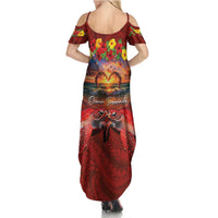 Hawaiian Turtle Love Couple Summer Maxi Dress Ocean Serenade - Honu Honi Ihu with Hibiscus and Romantic Sunset Red Color LT03 - Polynesian Pride