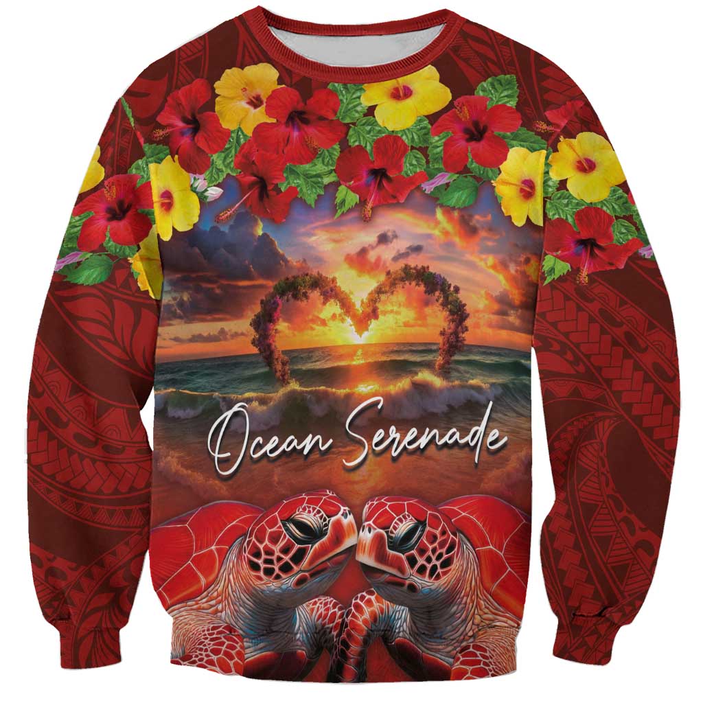 Hawaiian Turtle Love Couple Sweatshirt Ocean Serenade - Honu Honi Ihu with Hibiscus and Romantic Sunset Red Color