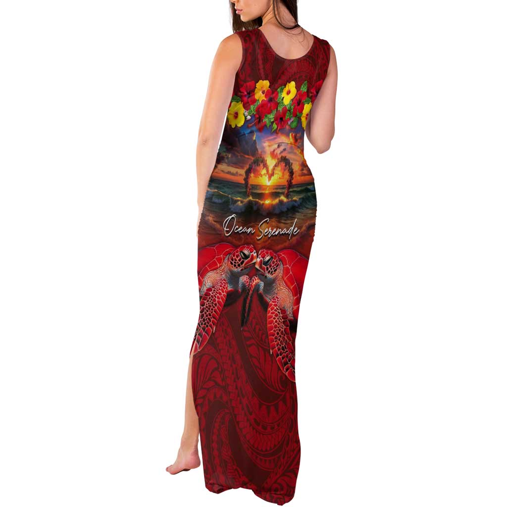 Hawaiian Turtle Love Couple Tank Maxi Dress Ocean Serenade - Honu Honi Ihu with Hibiscus and Romantic Sunset Red Color LT03 - Polynesian Pride