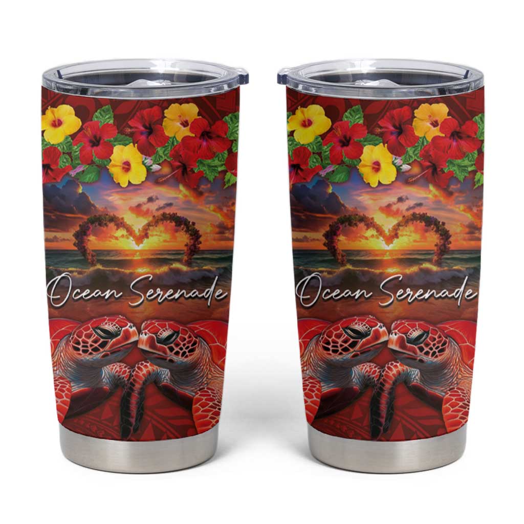 Hawaiian Turtle Love Couple Tumbler Cup Ocean Serenade - Honu Honi Ihu with Hibiscus and Romantic Sunset Red Color