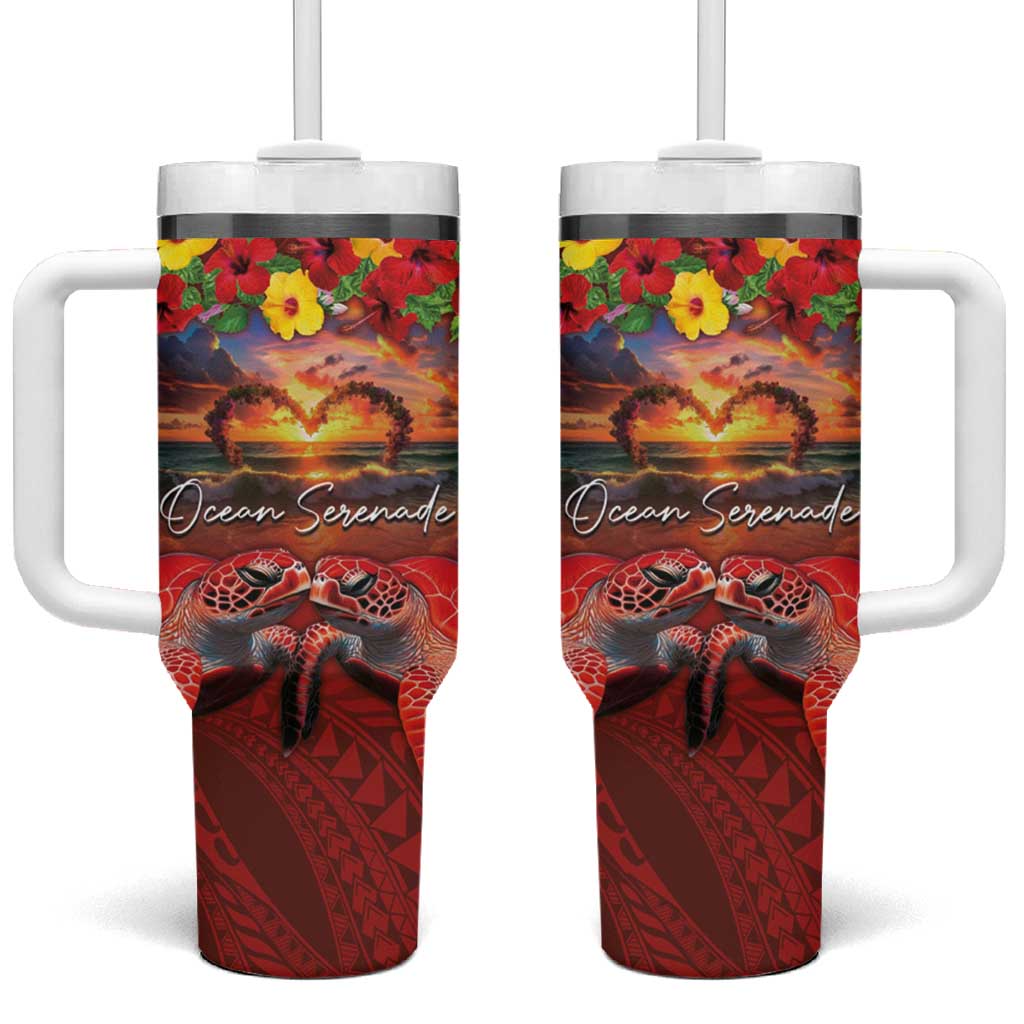 Hawaiian Turtle Love Couple Tumbler With Handle Ocean Serenade - Honu Honi Ihu with Hibiscus and Romantic Sunset Red Color