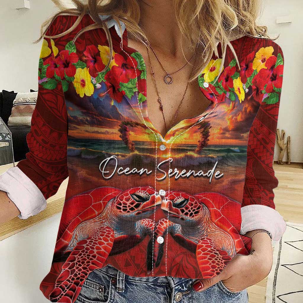 Hawaiian Turtle Love Couple Women Casual Shirt Ocean Serenade - Honu Honi Ihu with Hibiscus and Romantic Sunset Red Color