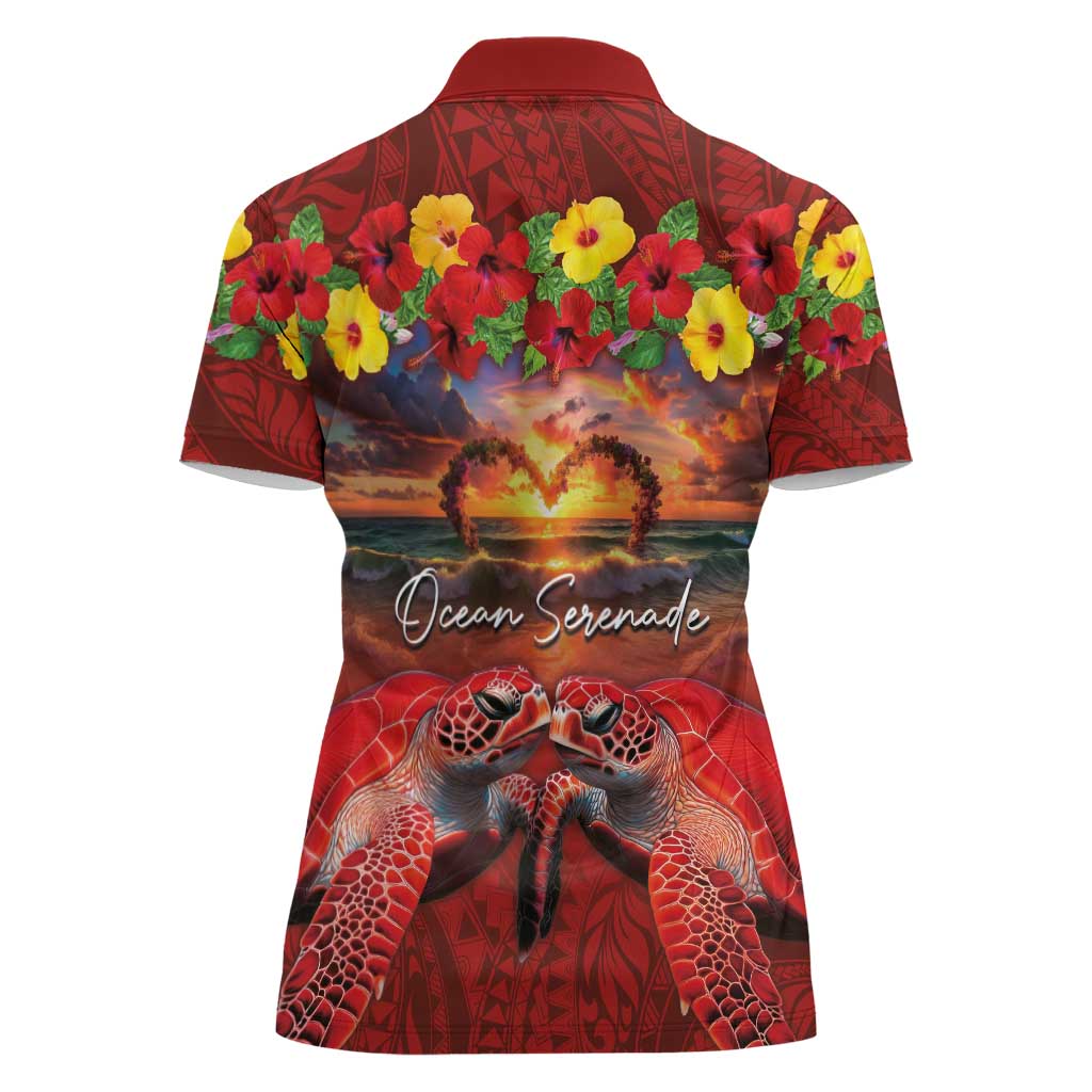 Hawaiian Turtle Love Couple Women Polo Shirt Ocean Serenade - Honu Honi Ihu with Hibiscus and Romantic Sunset Red Color