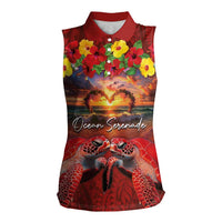 Hawaiian Turtle Love Couple Women Sleeveless Polo Shirt Ocean Serenade - Honu Honi Ihu with Hibiscus and Romantic Sunset Red Color