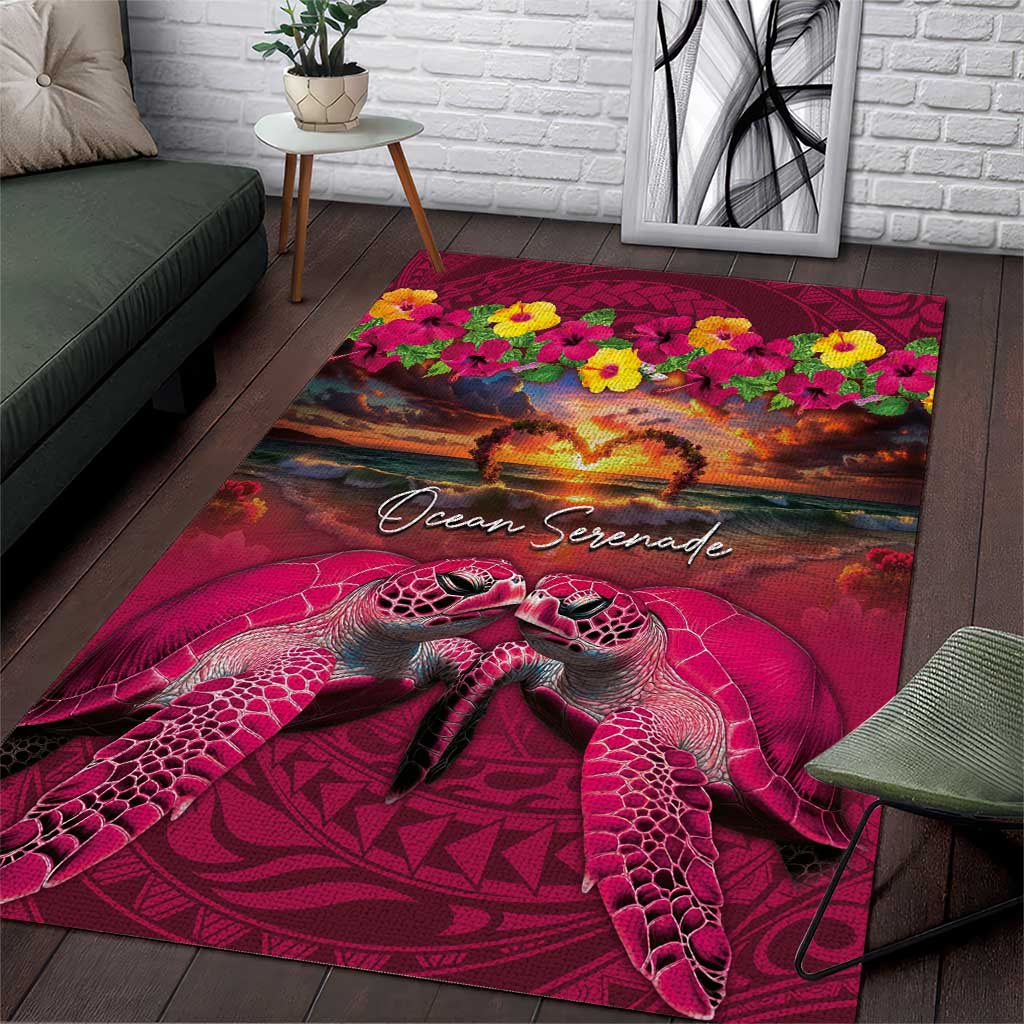 Hawaiian Turtle Love Couple Area Rug Ocean Serenade - Honu Honi Ihu with Hibiscus and Romantic Sunset Pink Color