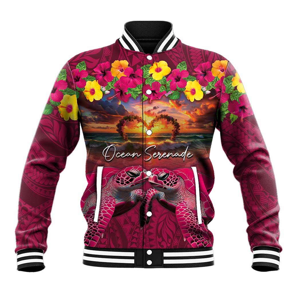 Hawaiian Turtle Love Couple Baseball Jacket Ocean Serenade - Honu Honi Ihu with Hibiscus and Romantic Sunset Pink Color