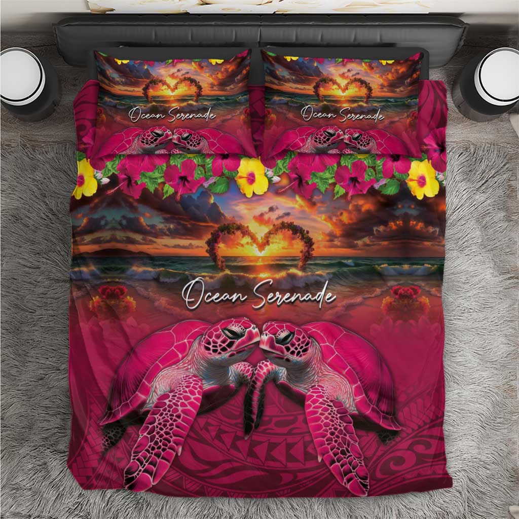 Hawaiian Turtle Love Couple Bedding Set Ocean Serenade - Honu Honi Ihu with Hibiscus and Romantic Sunset Pink Color