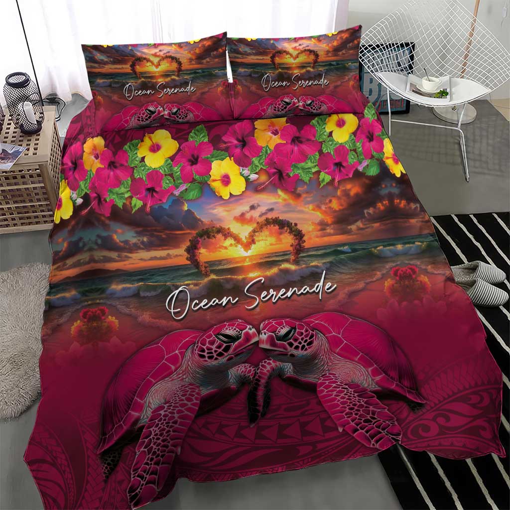 Hawaiian Turtle Love Couple Bedding Set Ocean Serenade - Honu Honi Ihu with Hibiscus and Romantic Sunset Pink Color