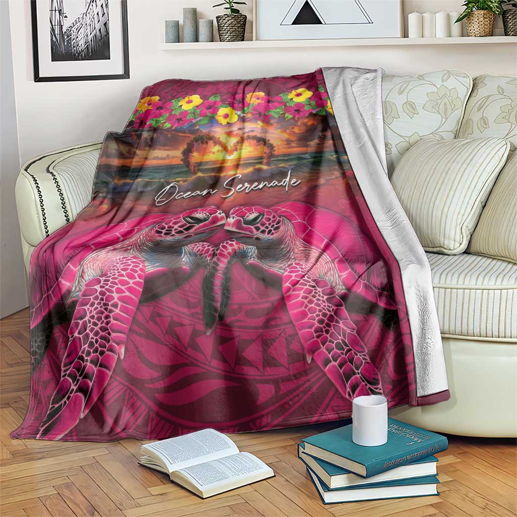 Hawaiian Turtle Love Couple Blanket Ocean Serenade - Honu Honi Ihu with Hibiscus and Romantic Sunset Pink Color