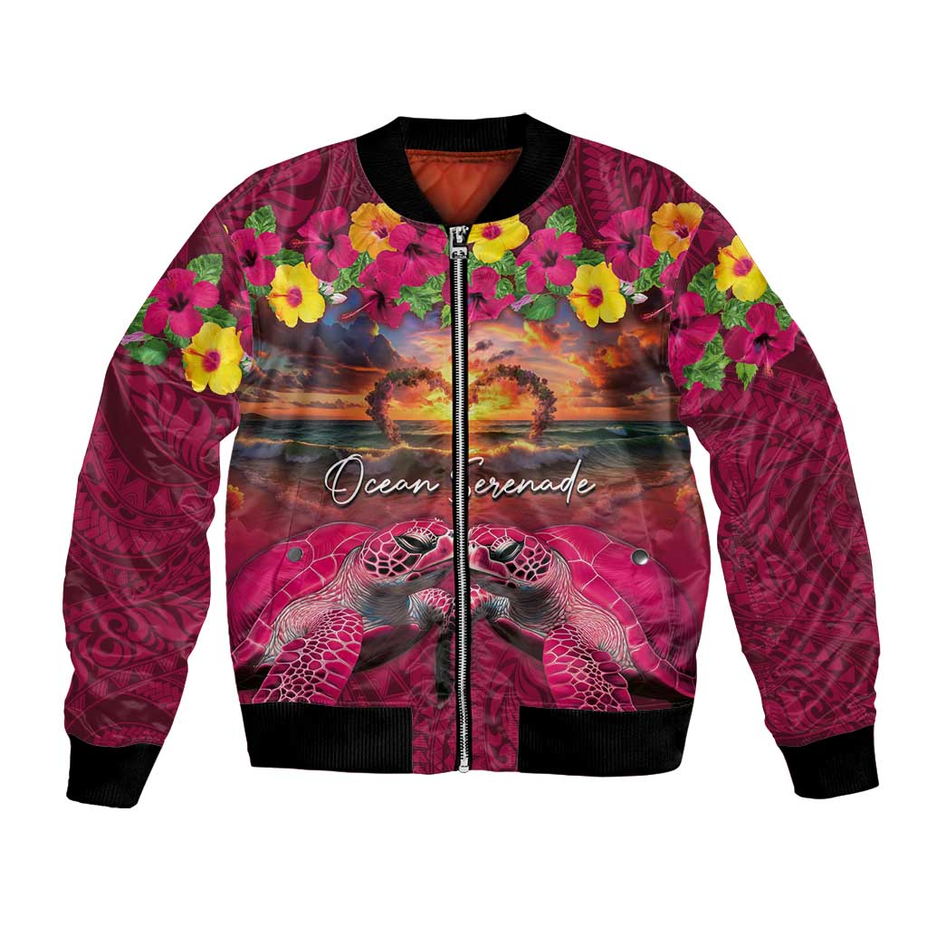 Hawaiian Turtle Love Couple Bomber Jacket Ocean Serenade - Honu Honi Ihu with Hibiscus and Romantic Sunset Pink Color