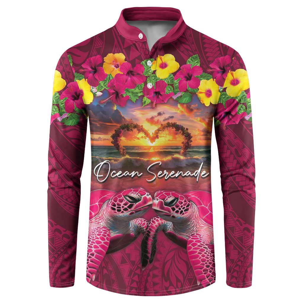 Hawaiian Turtle Love Couple Button Sweatshirt Ocean Serenade - Honu Honi Ihu with Hibiscus and Romantic Sunset Pink Color