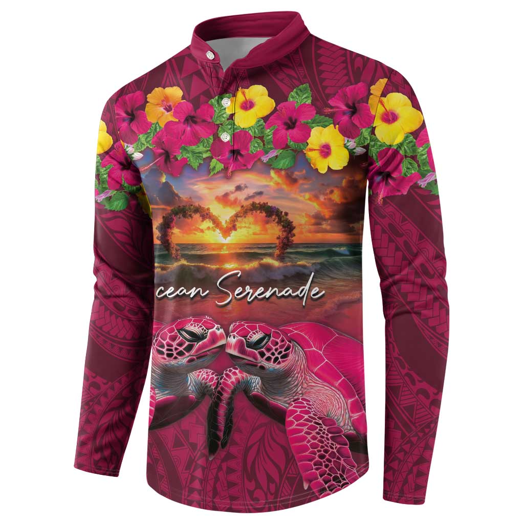 Hawaiian Turtle Love Couple Button Sweatshirt Ocean Serenade - Honu Honi Ihu with Hibiscus and Romantic Sunset Pink Color