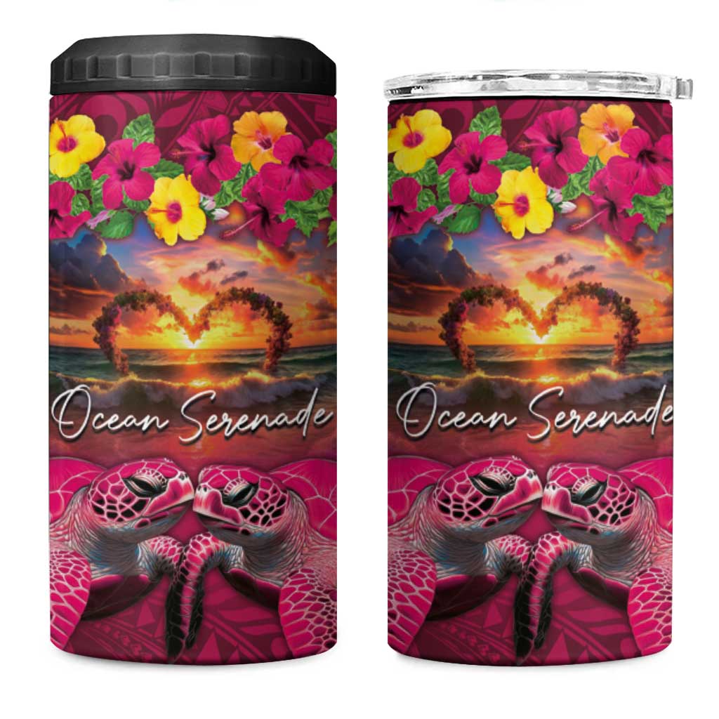 Hawaiian Turtle Love Couple 4 in 1 Can Cooler Tumbler Ocean Serenade - Honu Honi Ihu with Hibiscus and Romantic Sunset Pink Color