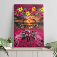 Hawaiian Turtle Love Couple Canvas Wall Art Ocean Serenade - Honu Honi Ihu with Hibiscus and Romantic Sunset Pink Color