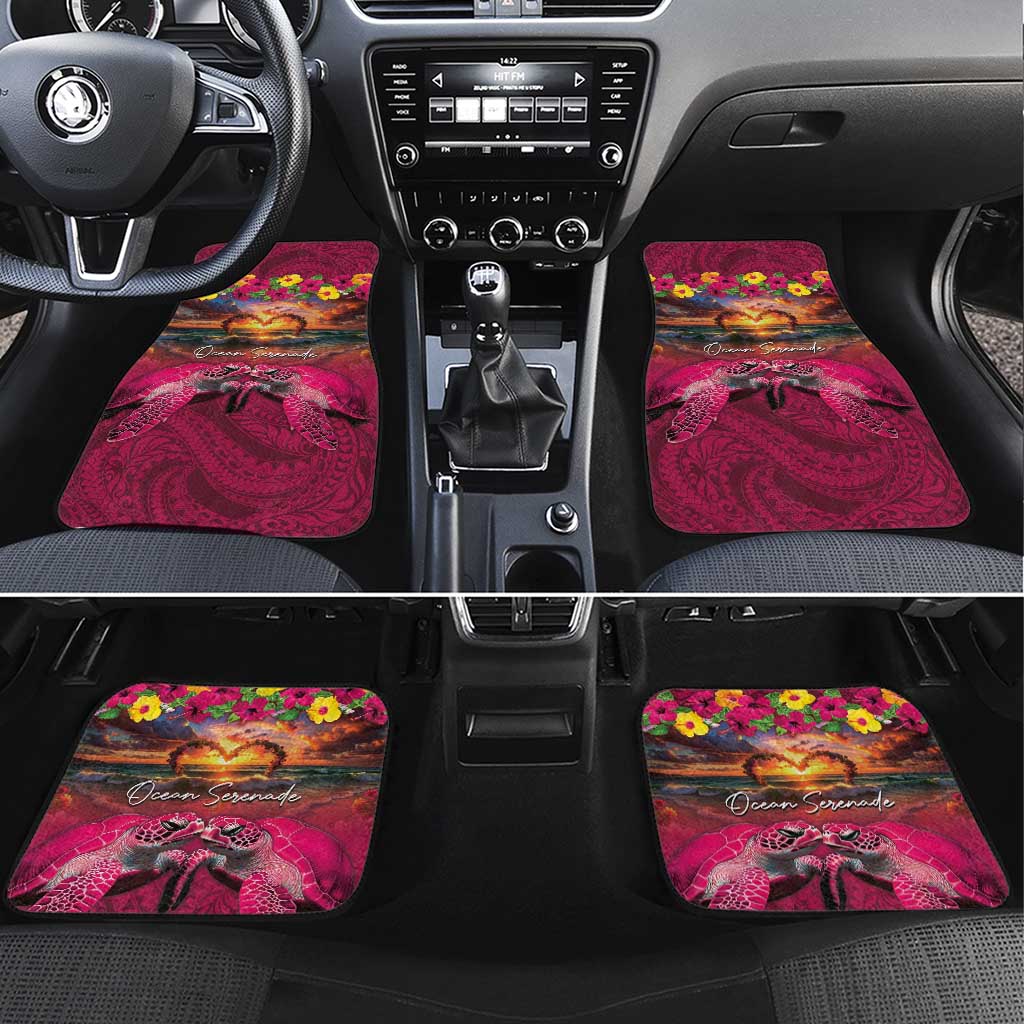 Hawaiian Turtle Love Couple Car Mats Ocean Serenade - Honu Honi Ihu with Hibiscus and Romantic Sunset Pink Color