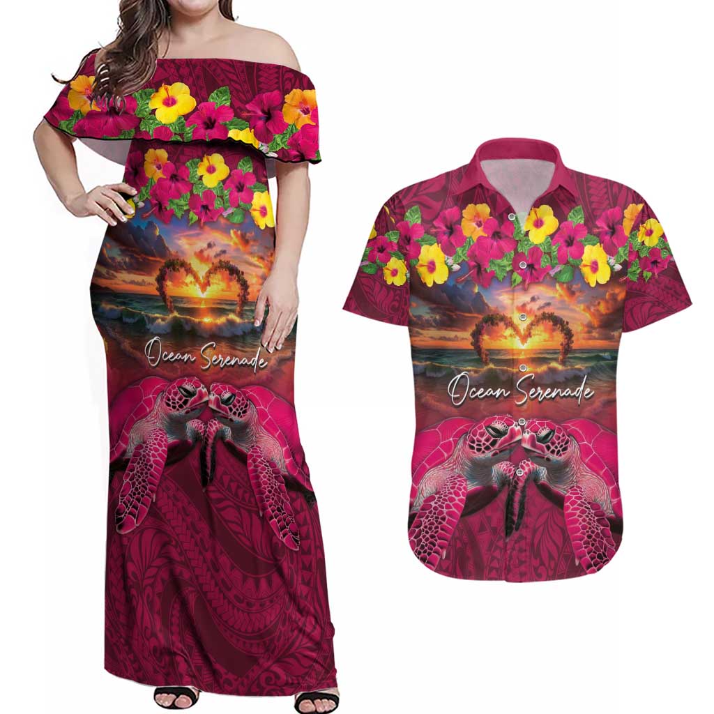 Hawaiian Turtle Love Couple Couples Matching Off Shoulder Maxi Dress and Hawaiian Shirt Ocean Serenade - Honu Honi Ihu with Hibiscus and Romantic Sunset Pink Color