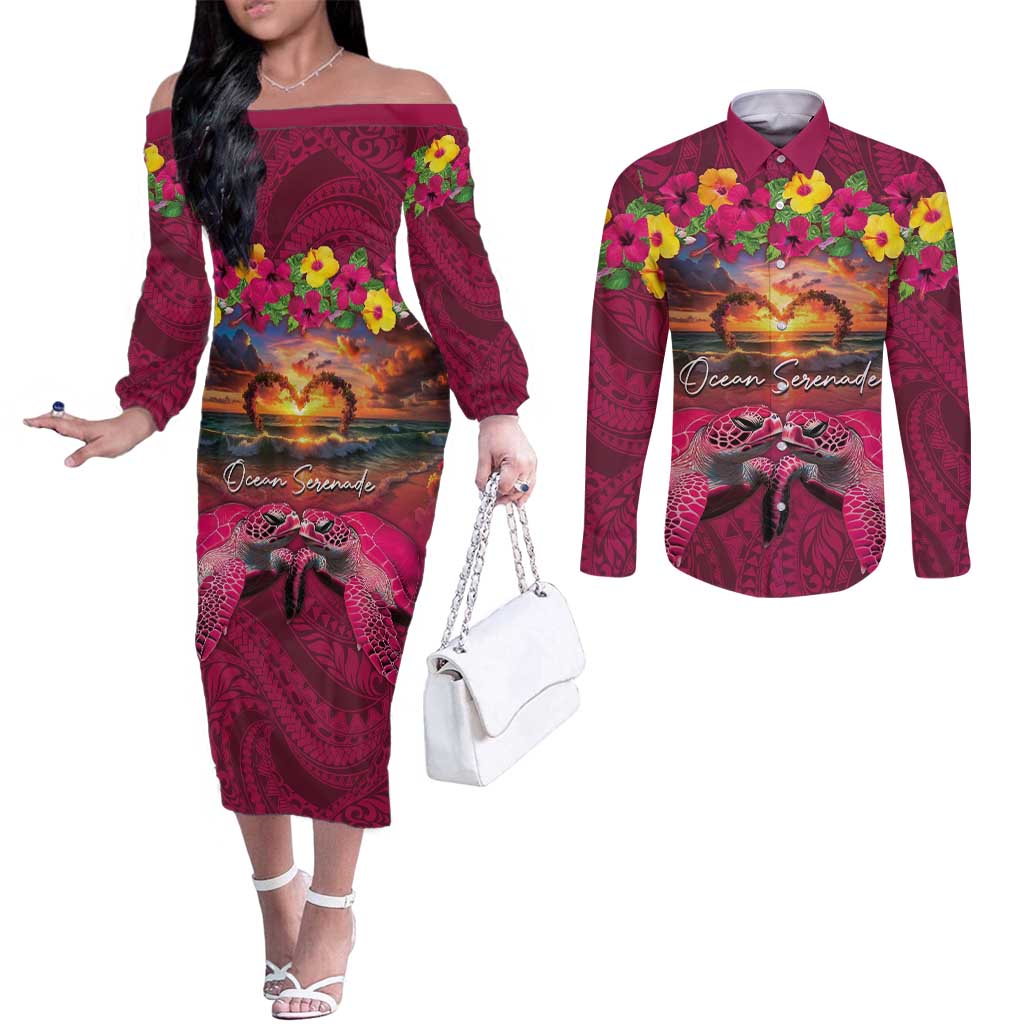 Hawaiian Turtle Love Couple Couples Matching Off The Shoulder Long Sleeve Dress and Long Sleeve Button Shirt Ocean Serenade - Honu Honi Ihu with Hibiscus and Romantic Sunset Pink Color